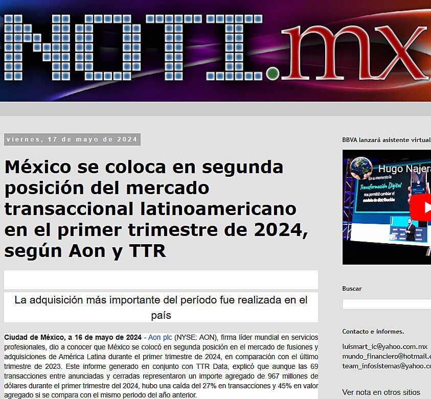Mxico se coloca en segunda posicin del mercado transaccional latinoamericano en el primer trimestre de 2024, segn Aon y TTR